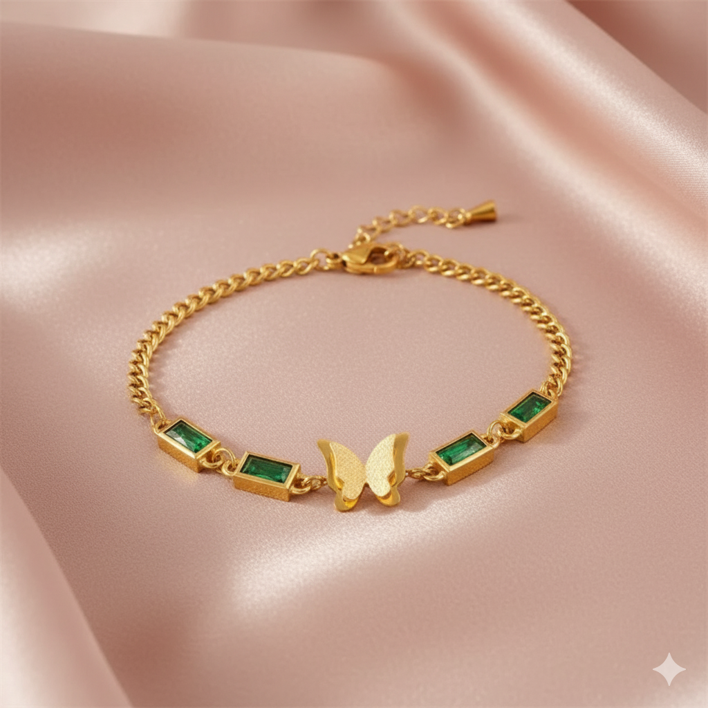 Veridian Aura - Luxury Emerald Butterfly Gold Bracelet | Anti - Tarnish | Xayah