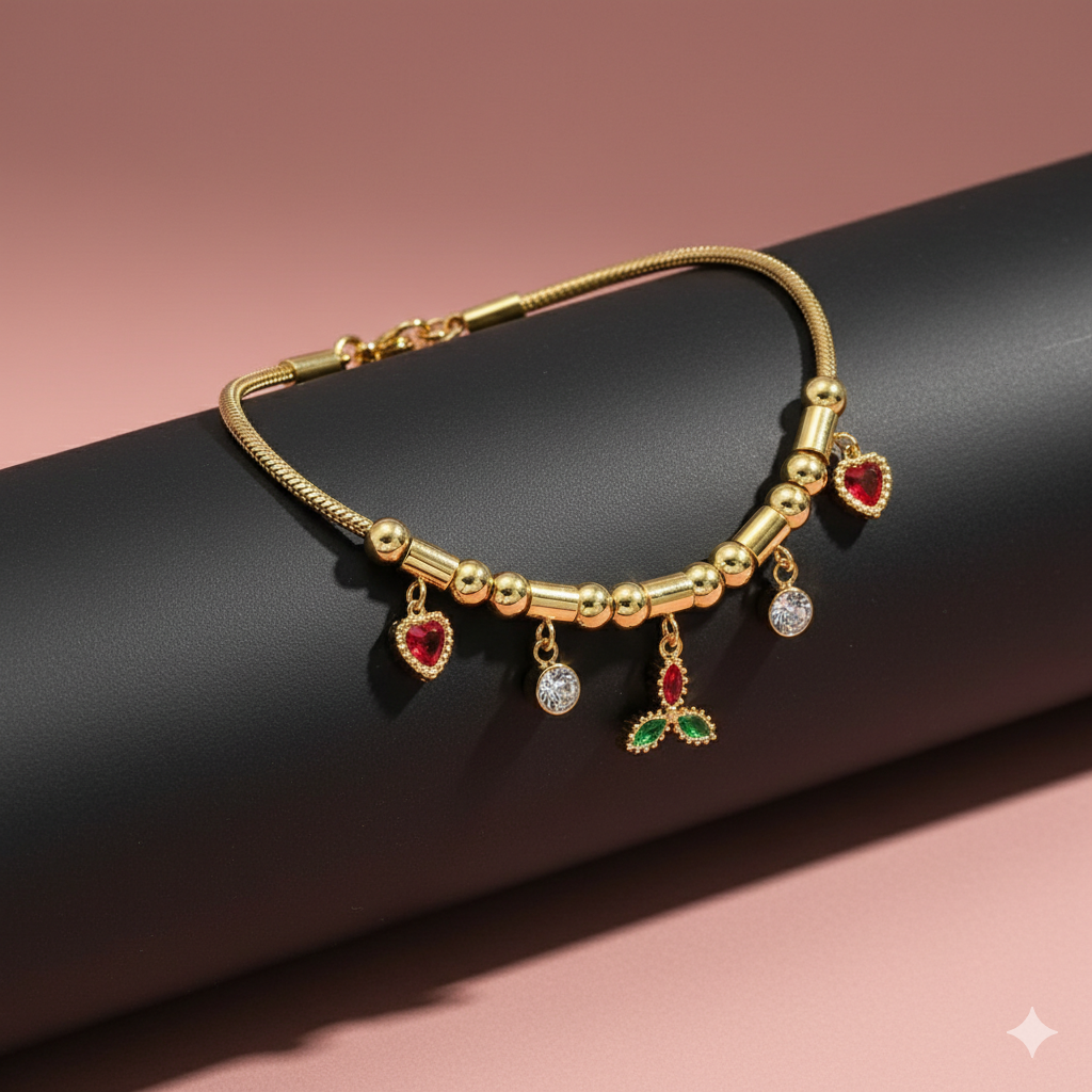 Festive Aura - Luxury Gold Charm Bracelet with Red Hearts & Green Holly | Anti - Tarnish | Xayah