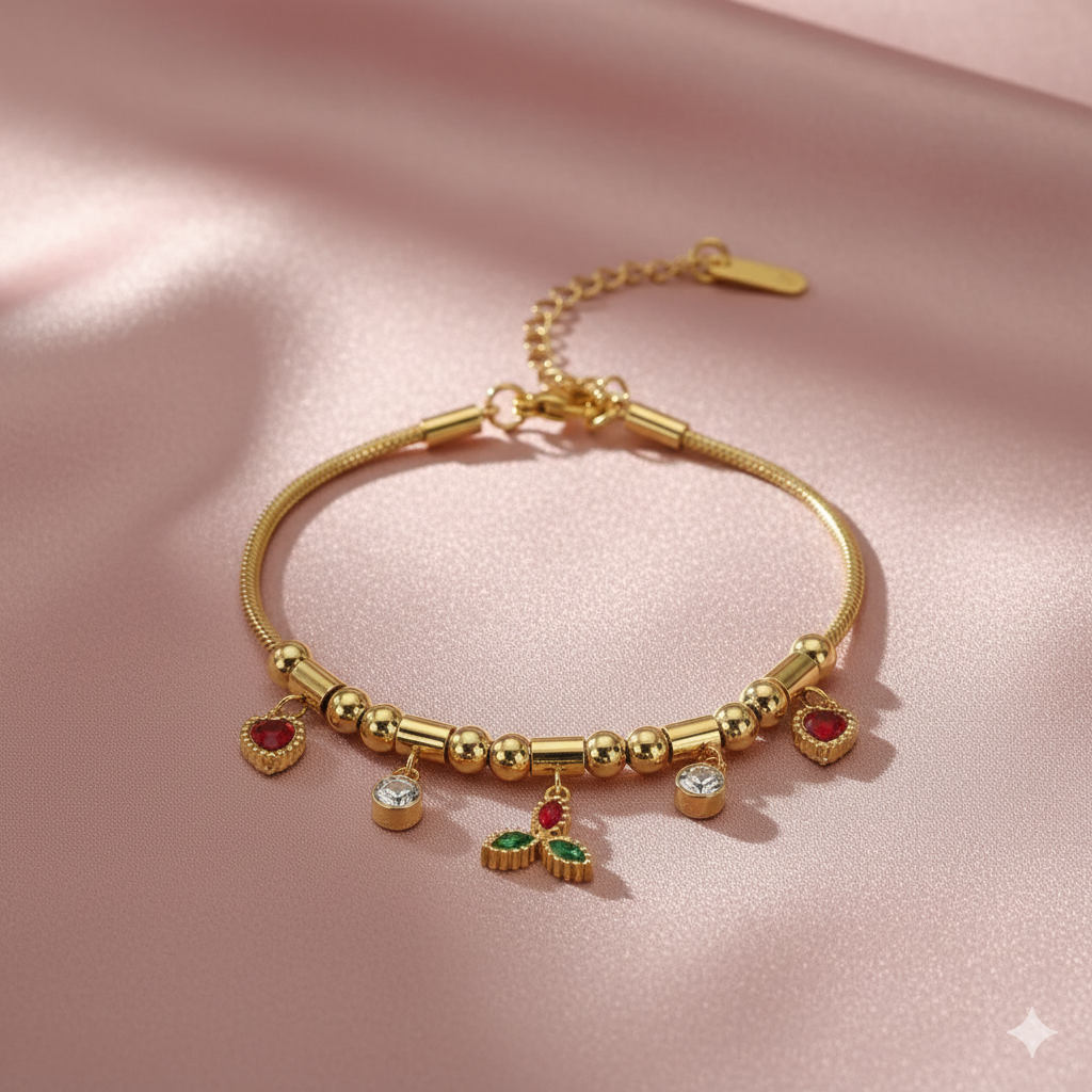 Festive Aura - Luxury Gold Charm Bracelet with Red Hearts & Green Holly | Anti - Tarnish | Xayah