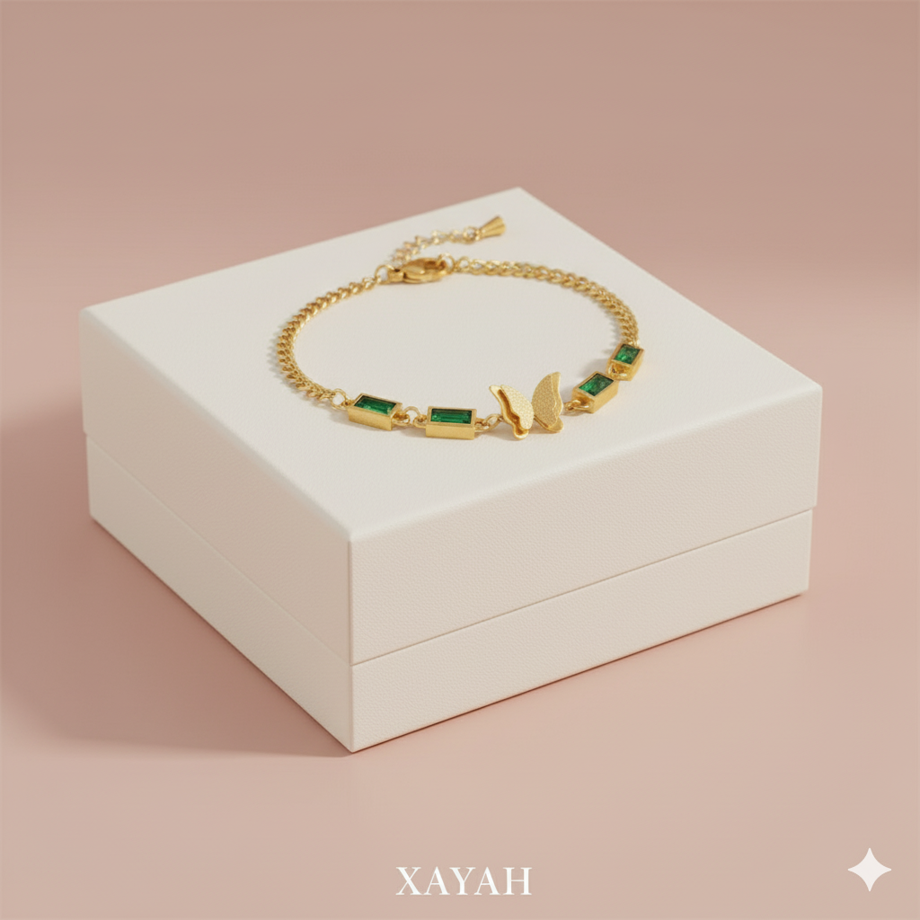 Veridian Aura - Luxury Emerald Butterfly Gold Bracelet | Anti - Tarnish | Xayah