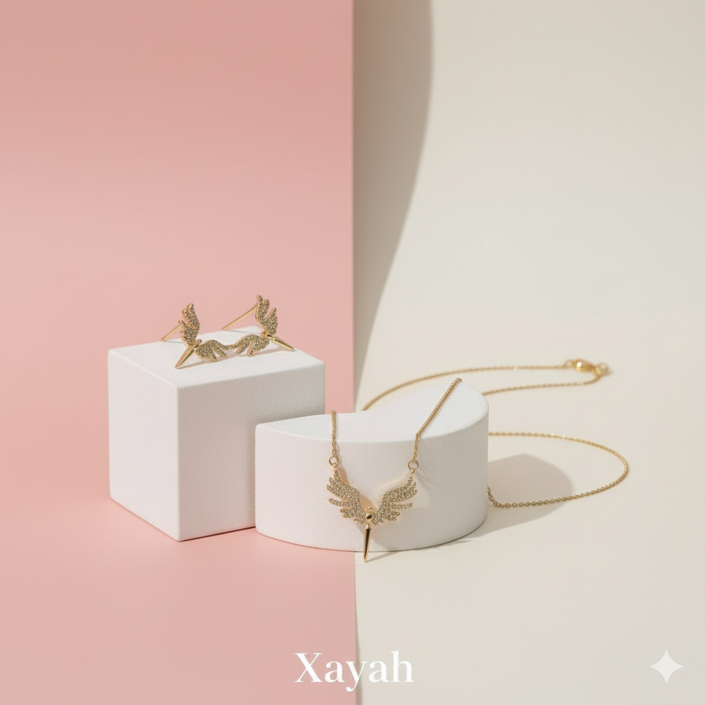 Athena's Winged Sparkle Set - Gold Crystal Necklace & Matching Earrings | Anti - Tarnish | Xayah