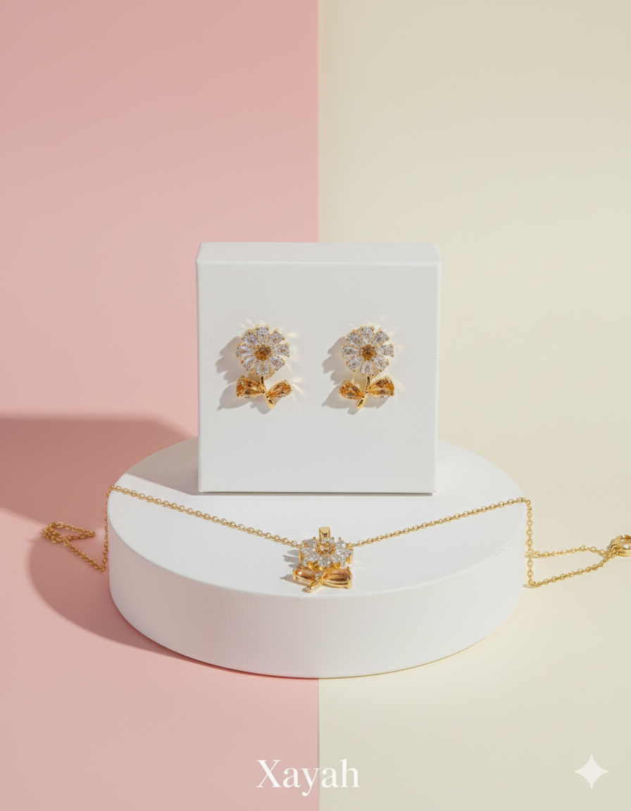 Dainty Petal & Ribbon Zirconia Jewelry Set - Elegant Gold Plated Necklace & Earrings | Anti - Tarnish |  Xayah