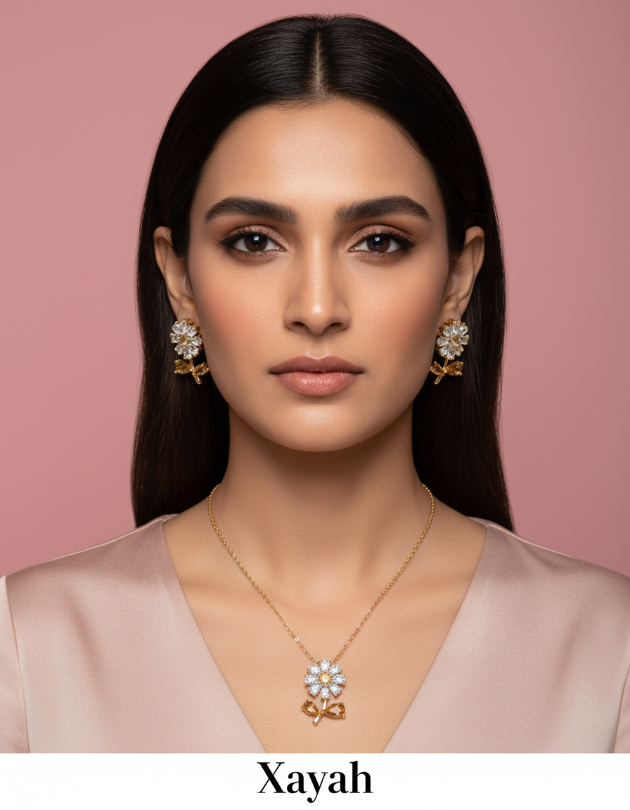 Dainty Petal & Ribbon Zirconia Jewelry Set - Elegant Gold Plated Necklace & Earrings | Anti - Tarnish |  Xayah