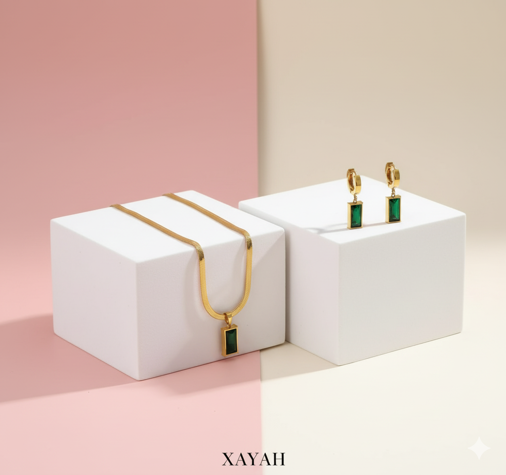 Green Zirconia & Gold Chain Necklace and Dangle Earring Set | Anti - Tarnish | Xayah