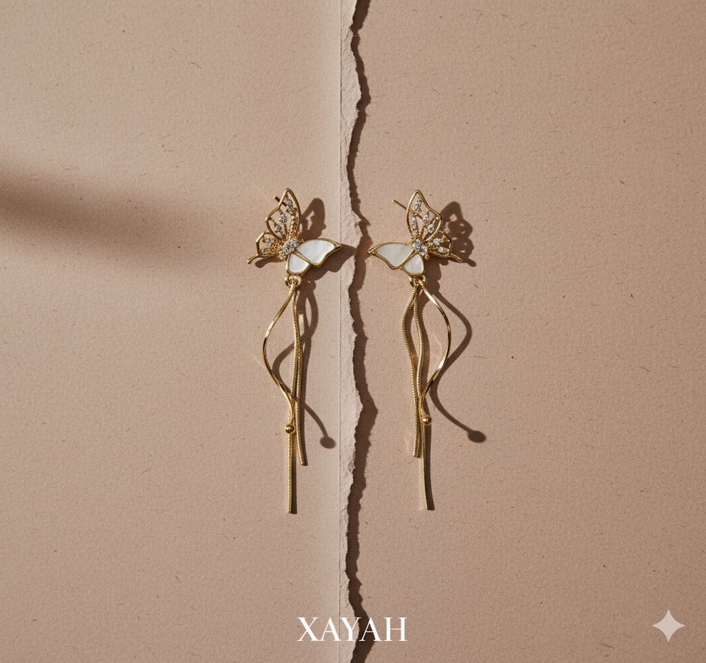 Golden Flutter Butterfly Drop Earrings | Anti - Tarnish | Xayah