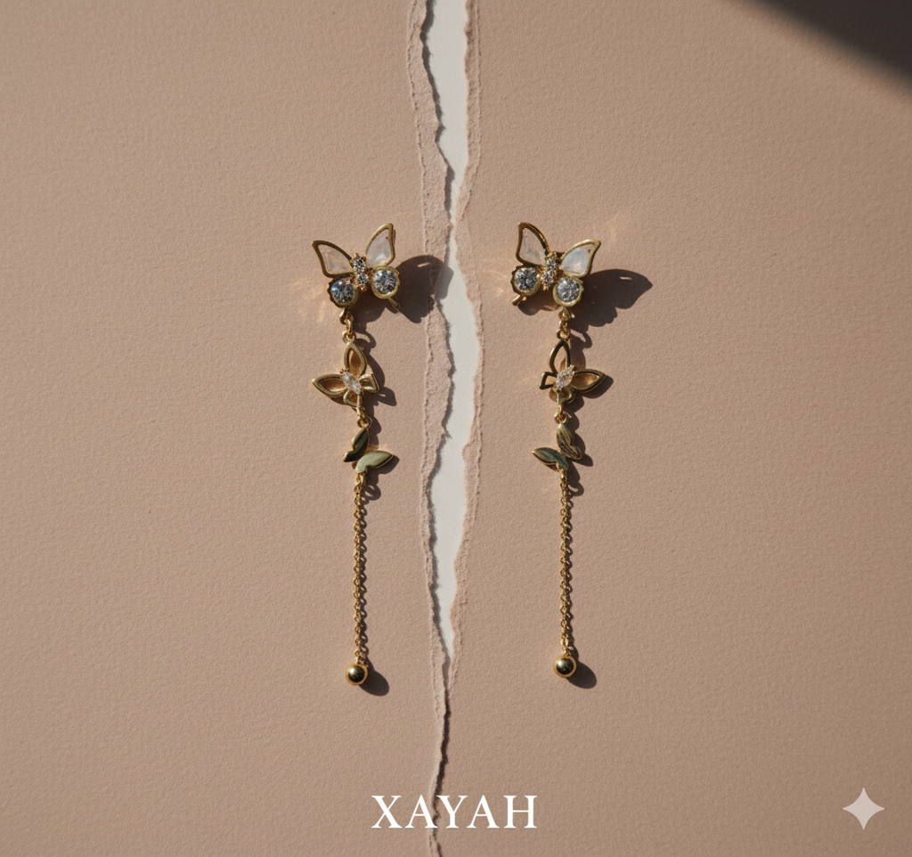 Golden Butterfly Dangle Earrings | Anti - Tarnish | Xayah