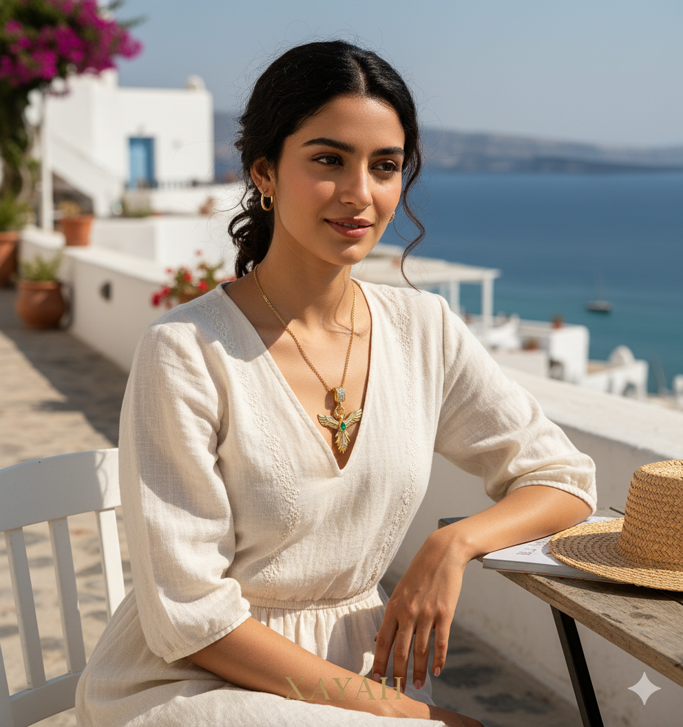 Luxury Phoenix Necklace with Emerald Green Stone & Crystals | Anti - Tarnish | Xayah