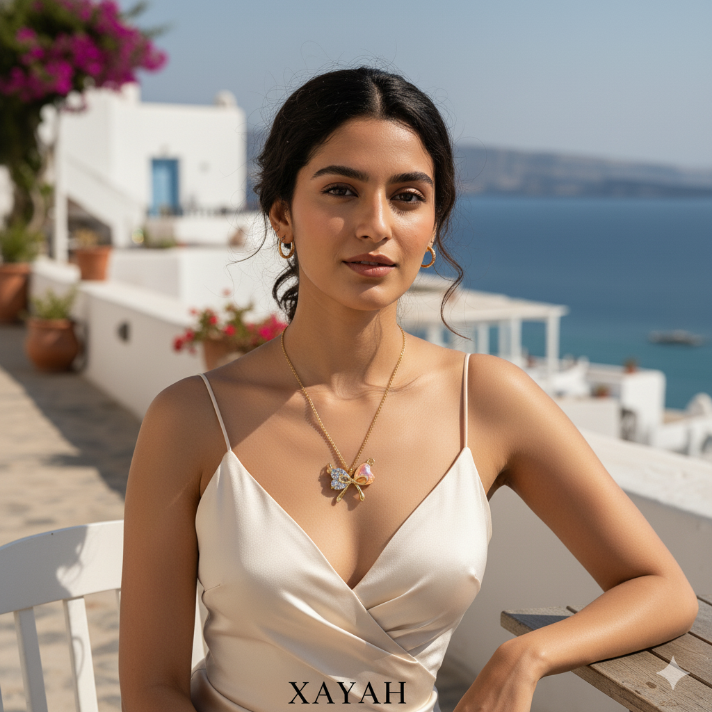 Luxe Dual Heart Necklace – Gold Bow & Crystal Sparkle |Anti - Tarnish | Xayah